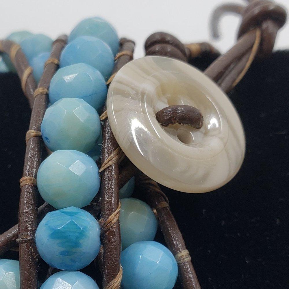 Brown Wrap Bracelet with Light Blue Amazonite Faceted Beads - Picture 3 of 3